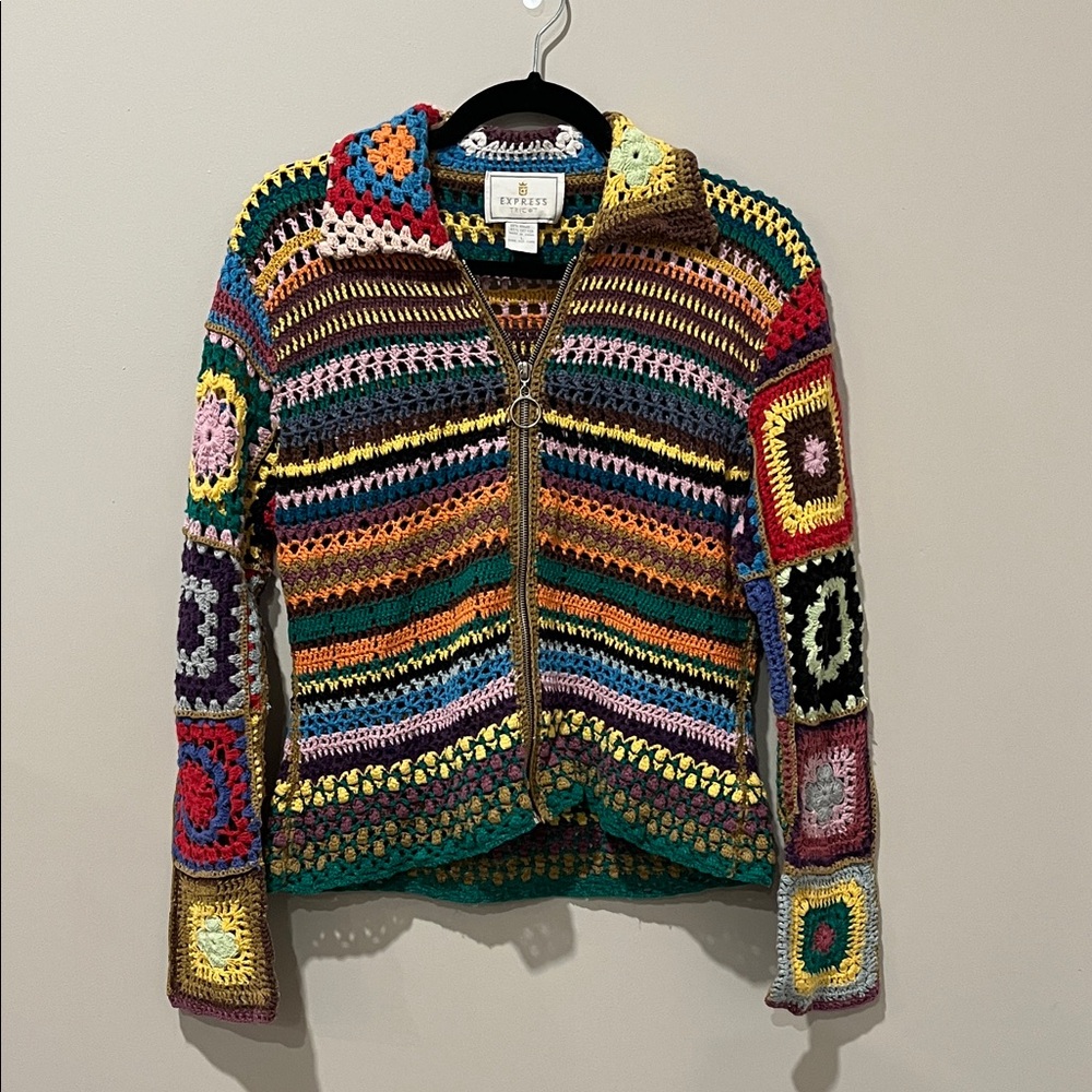 Vintage Express Multicolor Crochet Granny Square Sweater